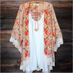 Printed Chiffon Loose Floral Kimono With Lace- Tan